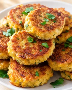 Golden brown herb potato cakes on a white plate, garnished with parsley