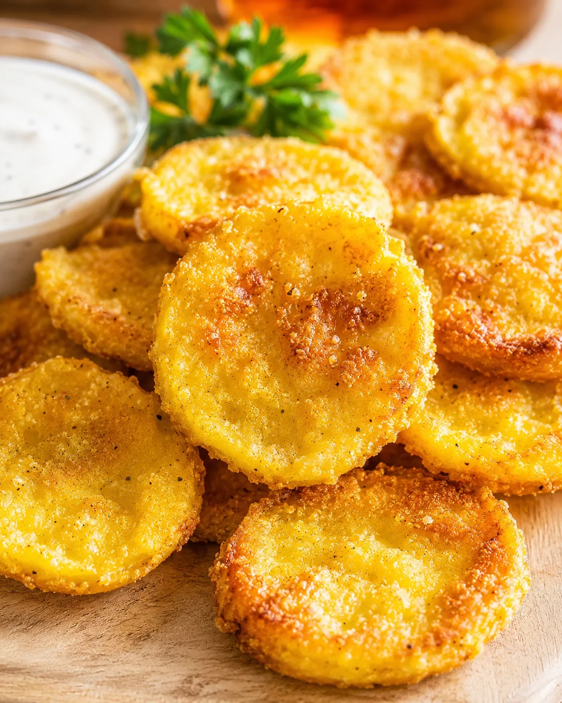 Golden crispy polenta bites on a wooden board with a creamy dipping sauce and parsley