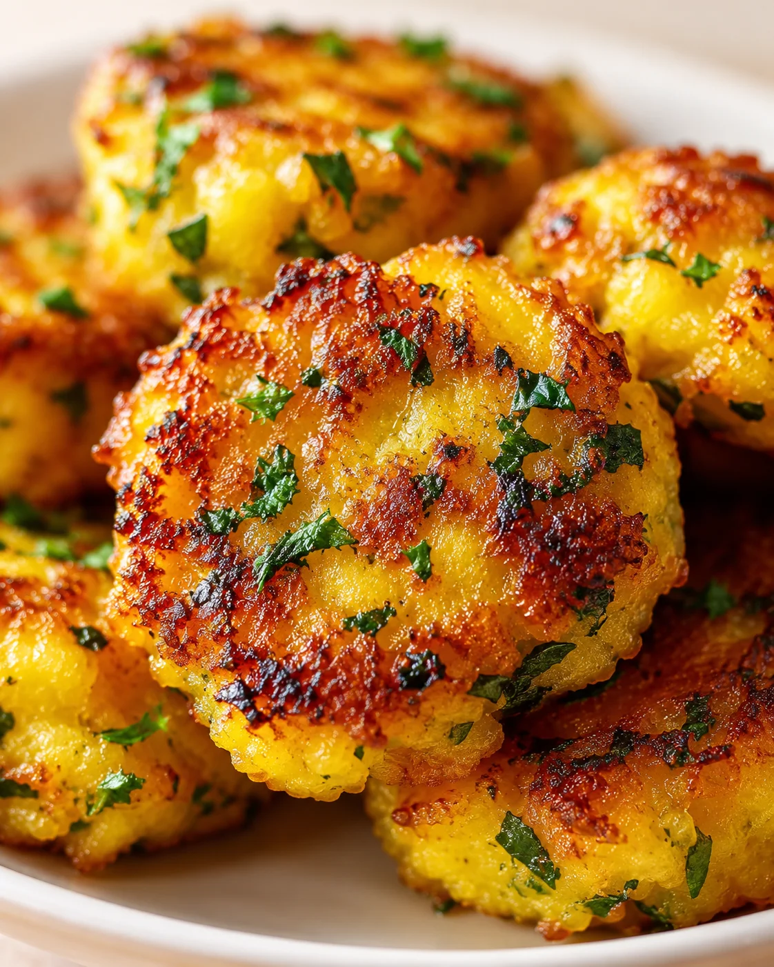 Golden-brown fried polenta bites sprinkled with parsley on a white plate