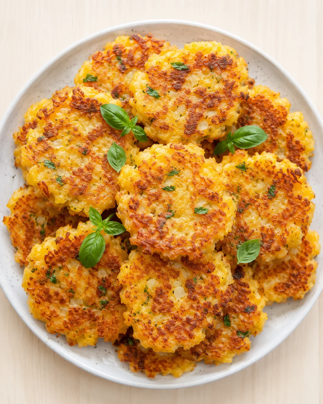 Overhead view of golden crispy potato cakes on a speckled white plate, garnished with fresh basil.