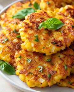 Close-up of golden crispy potato pancakes garnished with fresh basil leaves