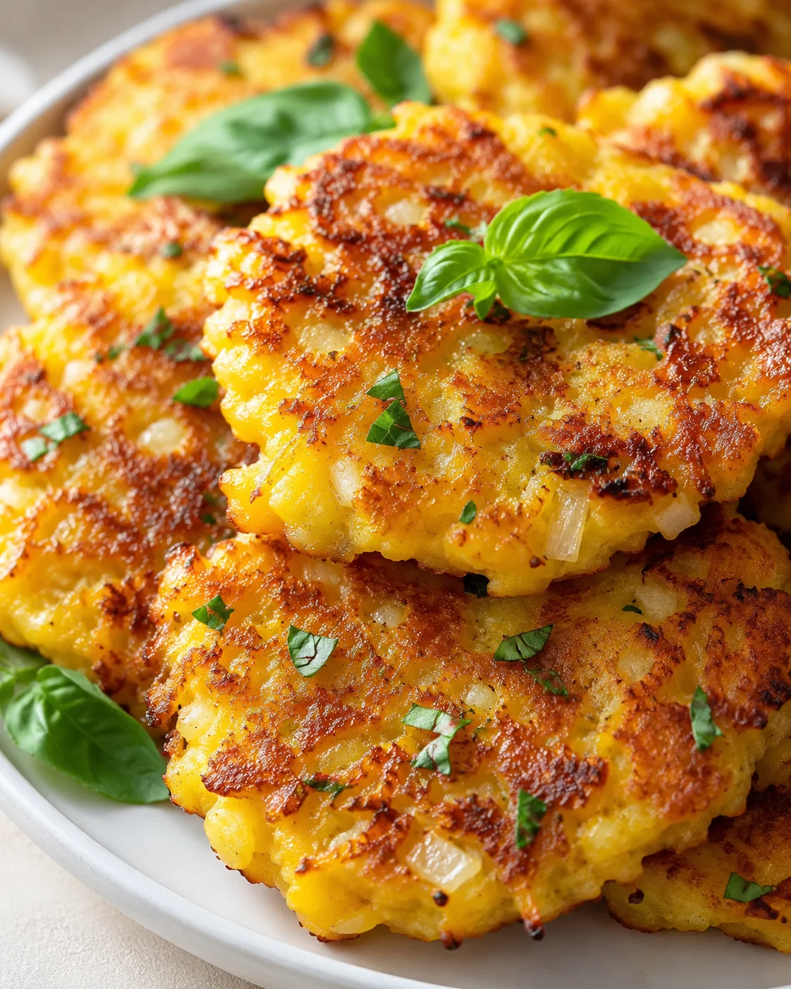 Close-up of golden crispy potato pancakes garnished with fresh basil leaves