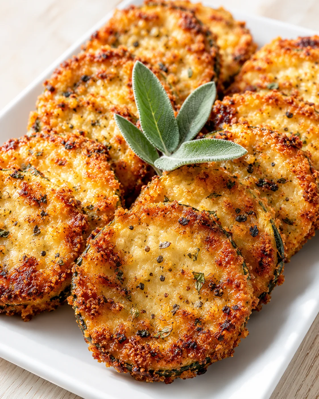 Golden-brown crispy zucchini chips on a white platter with sage garnish