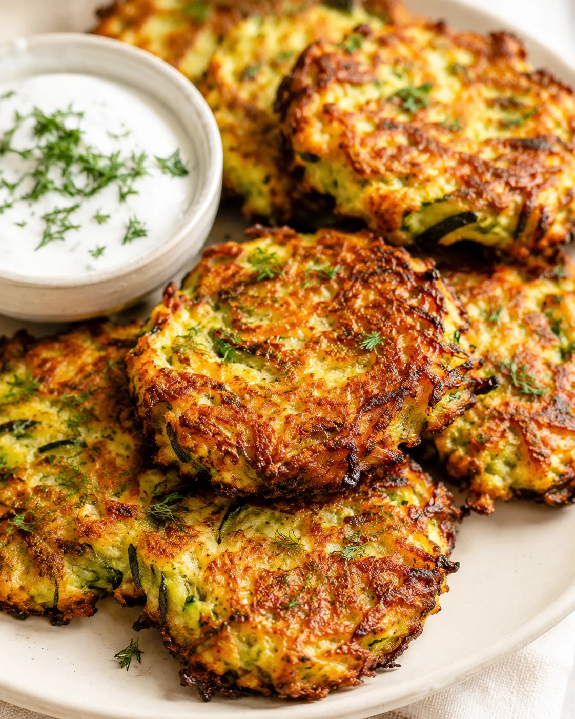 Crispy zucchini fritters with dill yogurt sauce on a beige plate.