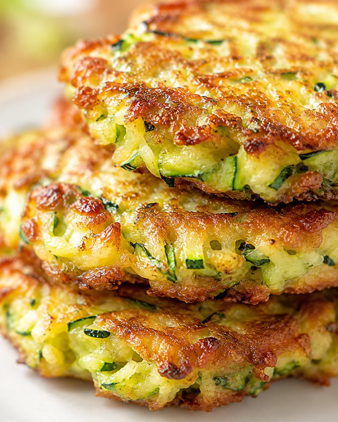 stack of crispy zucchini fritters with melted cheese and herbs