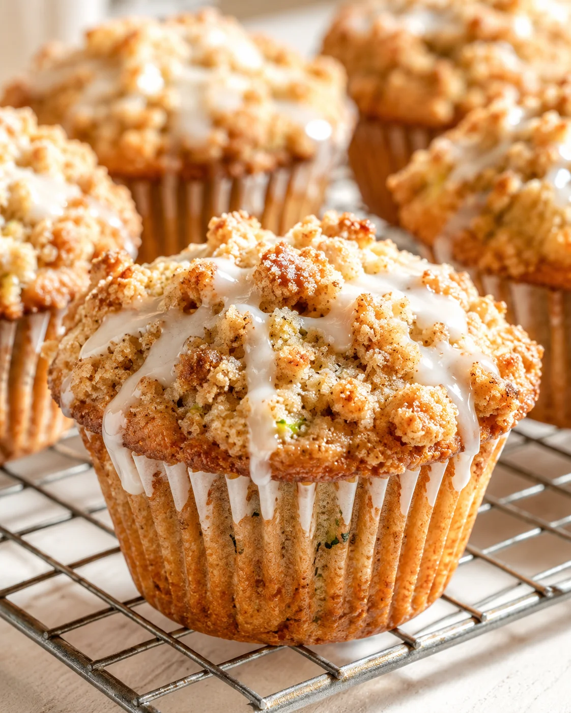 Close-up of crumb-topped vanilla cupcakes with white icing on a metal cooling rack.