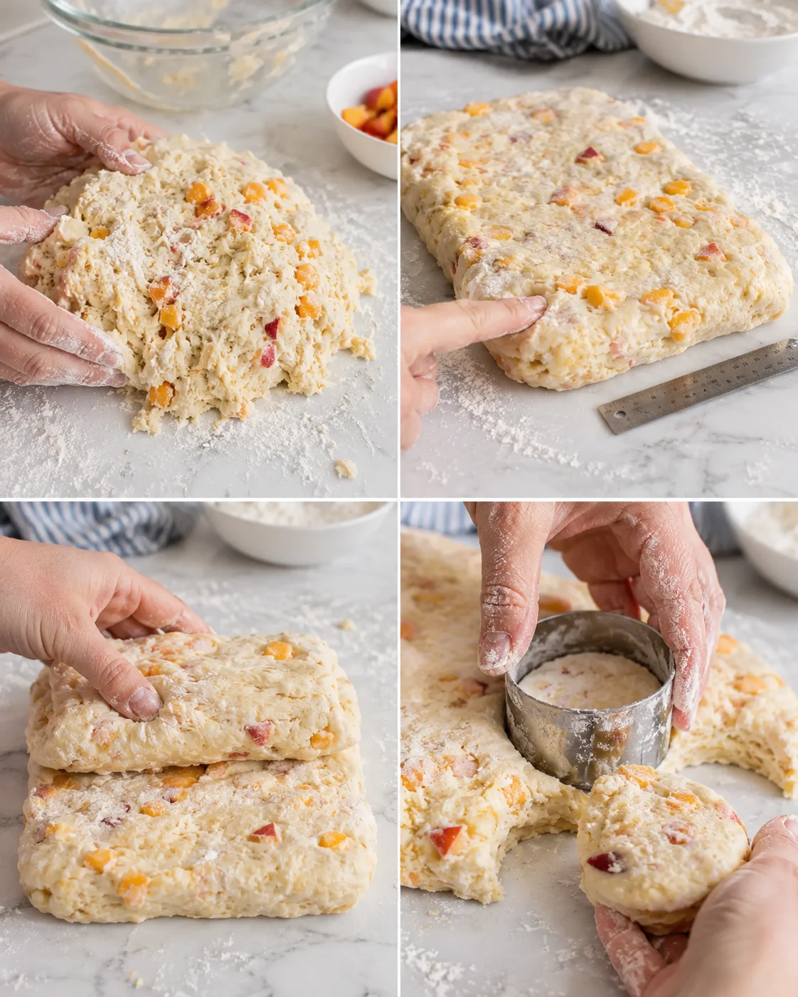 Collage of hands shaping and cutting fruit-filled dough on a flour-dusted counter.