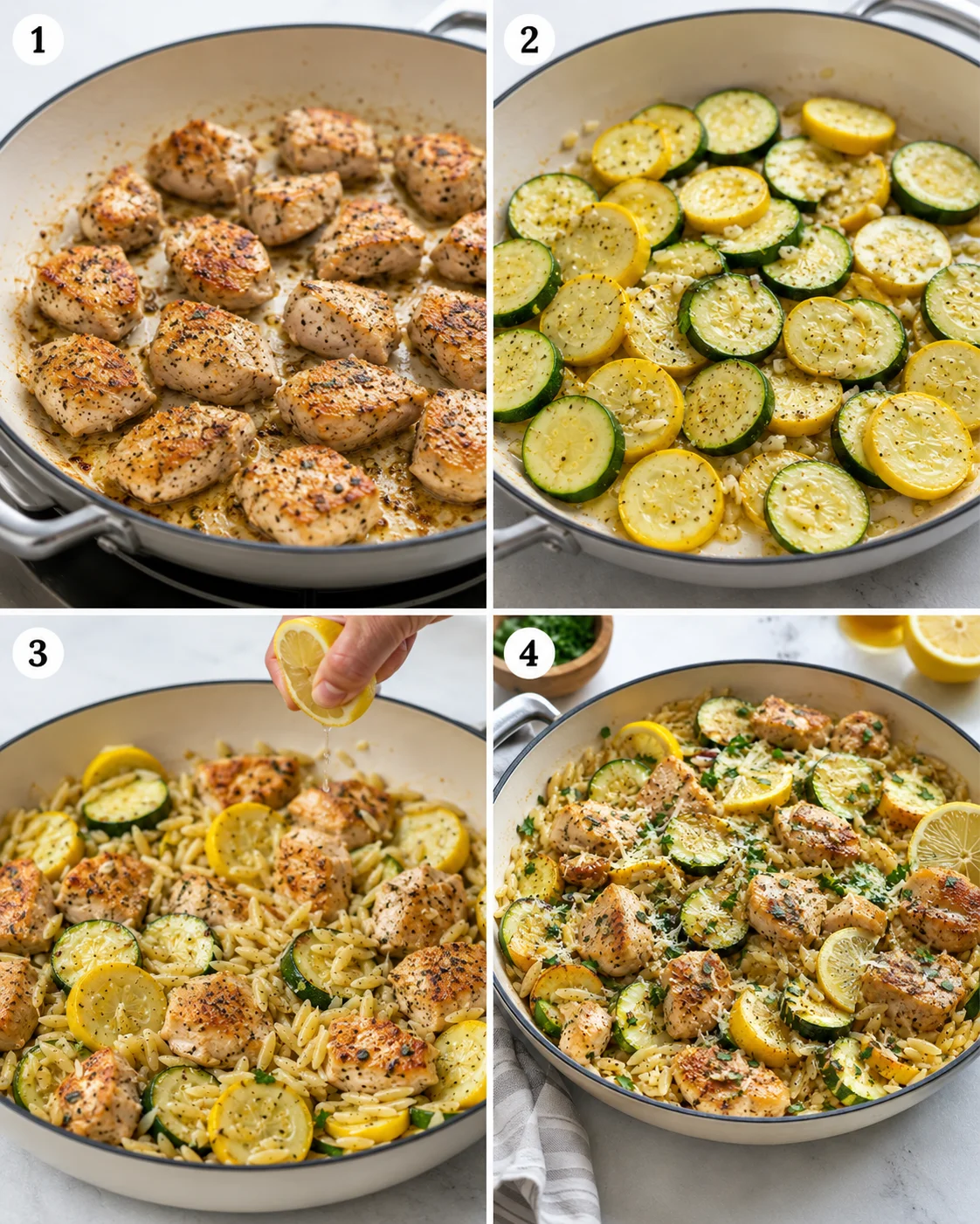 Juicy chicken breast with fresh zucchini and yellow squash cooked together quickly.