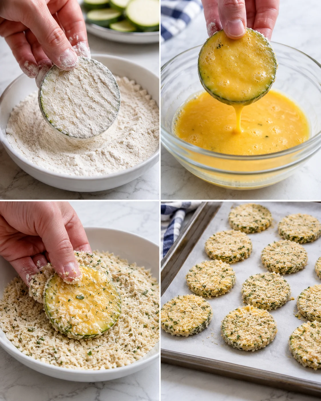 collage of zucchini rounds being dredged in flour, dipped in egg, and coated with herb breadcrumbs