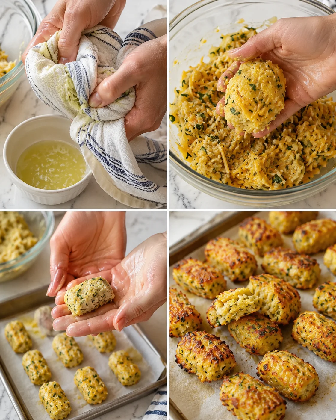 collage showing step-by-step herb potato gnocchi bites: squeeze moisture, mix, shape, bake