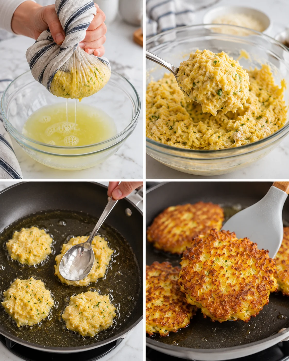 collage showing lemon juice extraction, herb mashed-potato batter, and pan-fried potato patties