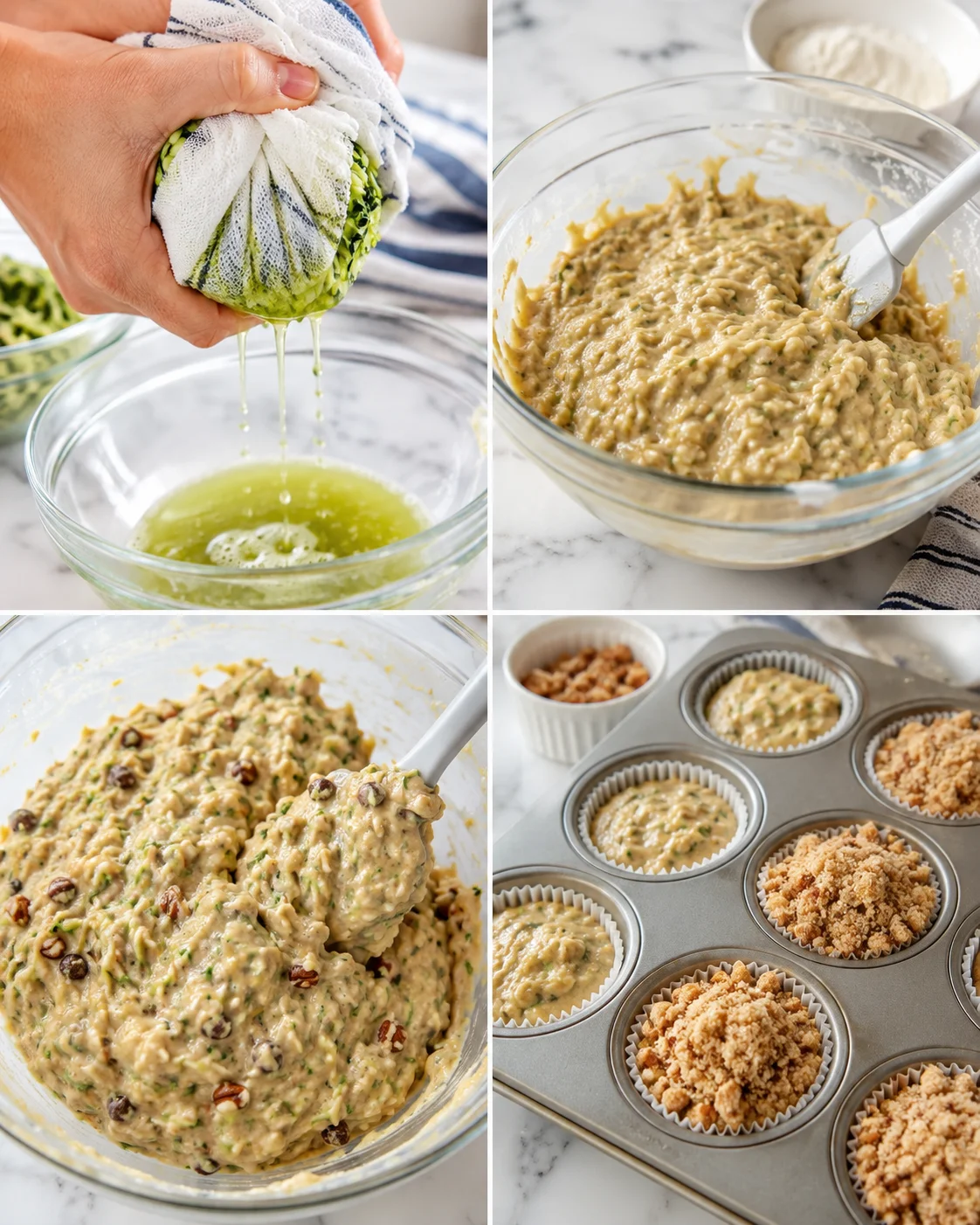 A four-panel collage showing lemon juice squeezed into a bowl, pistachio batter, and batter-filled muffin cups.