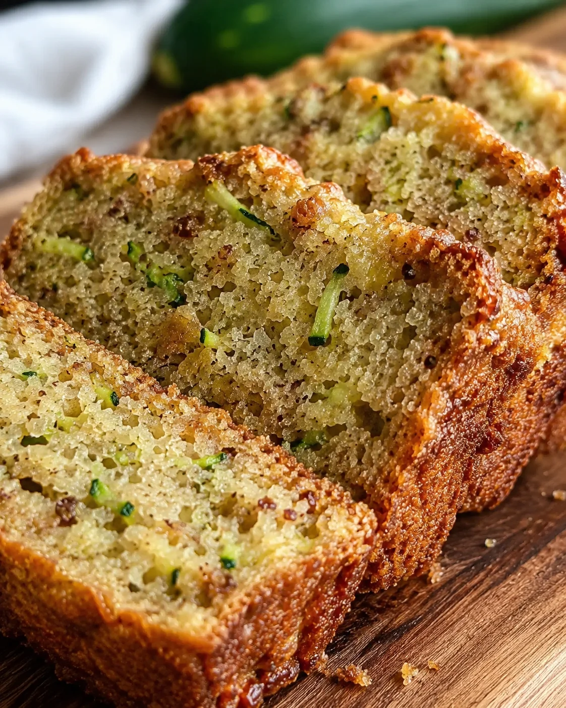 Moist Garden Zucchini Bread Freshly baked zucchini bread showing a moist, tender crumb with green zucchini bits.