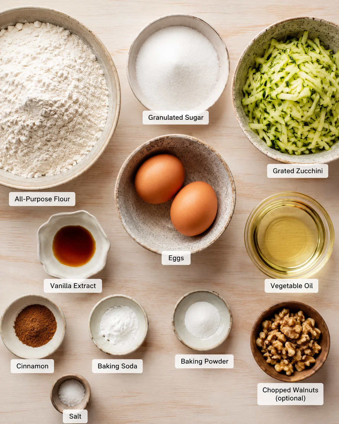 Moist Garden Zucchini Bread Recipe Ingredients for moist and tender zucchini bread including flour, zucchini, eggs, and sugar.