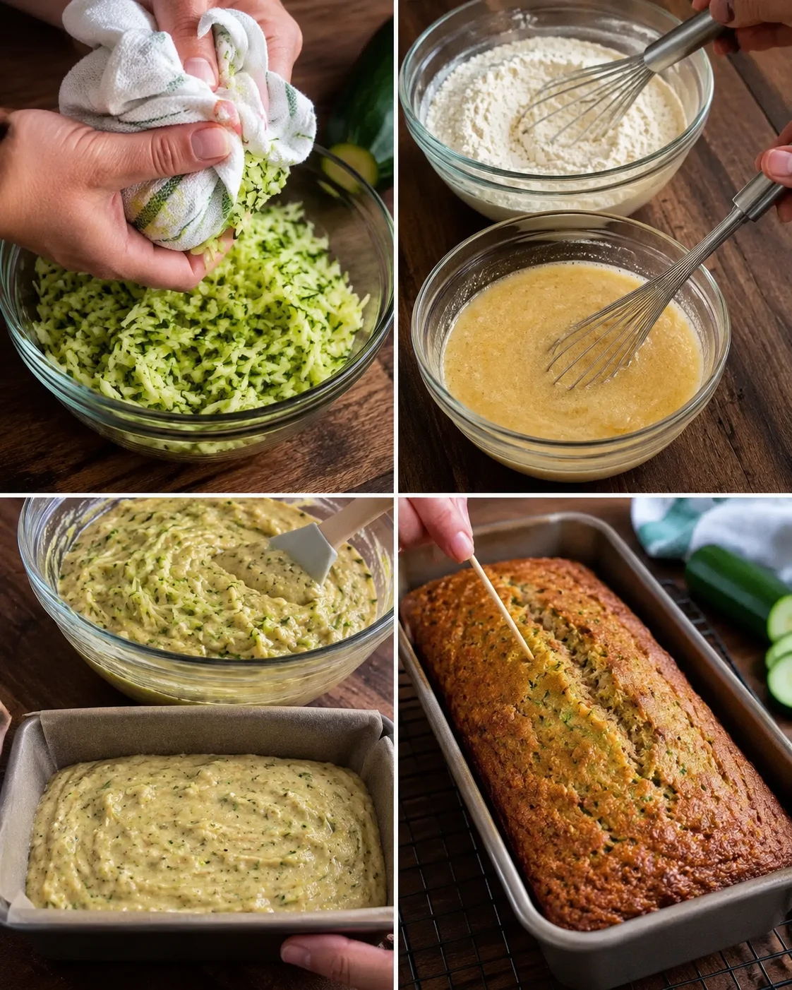 Light & Moist Garden Zucchini Bread Freshly shredded zucchini and batter in bowls for homemade zucchini bread.