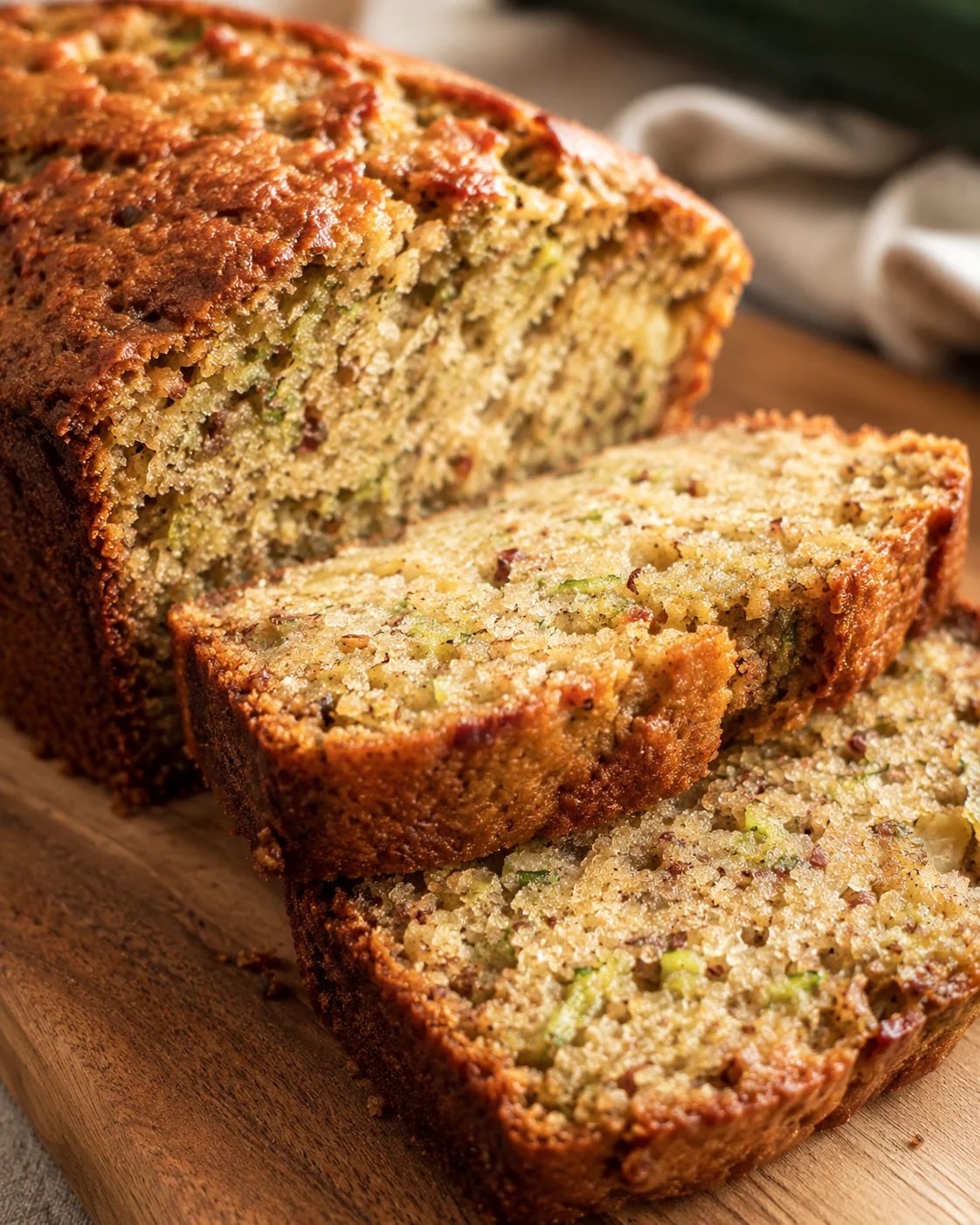 Moist Garden Zucchini Bread Freshly baked zucchini bread with a golden crust, showing moist texture inside.