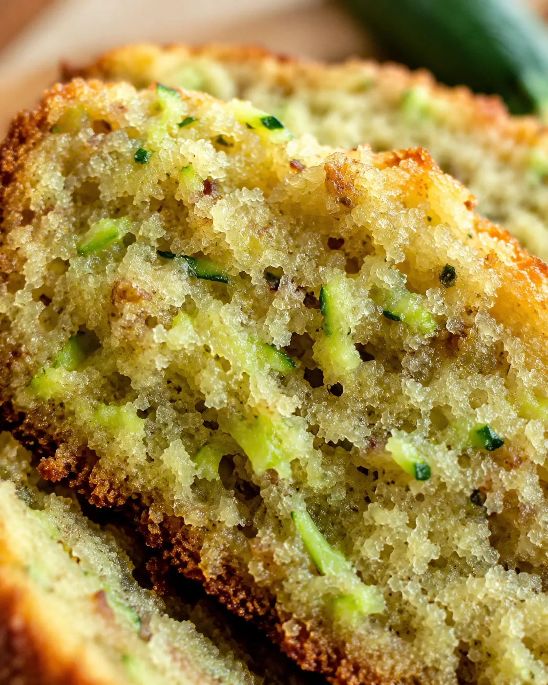 Moist Garden Zucchini Bread Recipe Close-up of homemade light and tender zucchini bread with fresh zucchini chunks