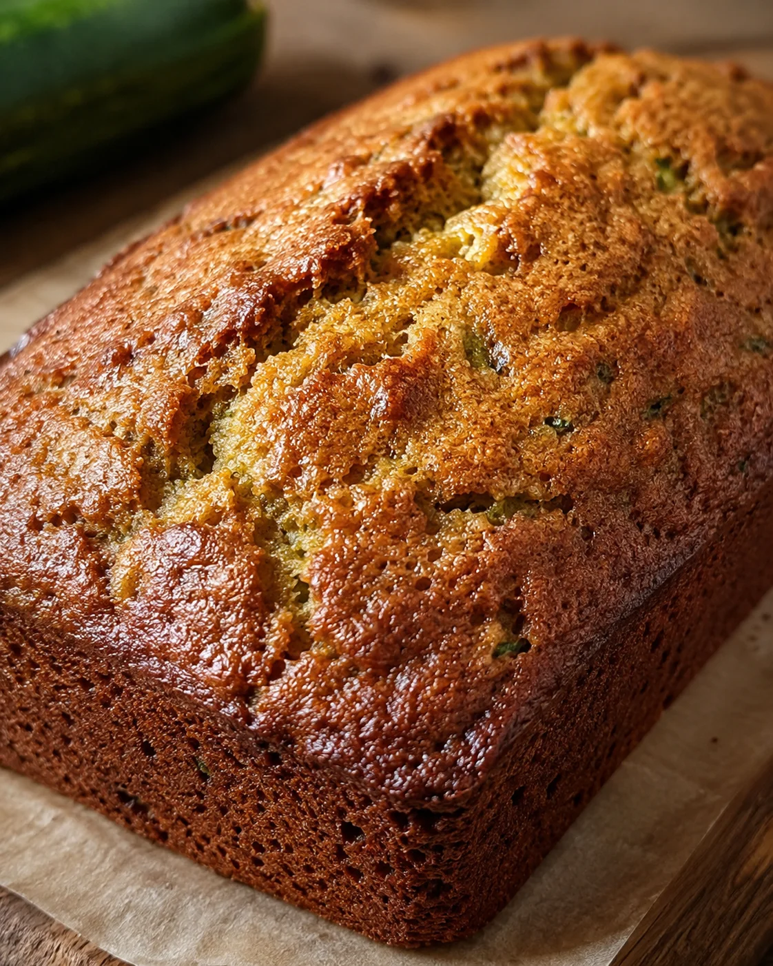 Golden brown zucchini bread loaf with a moist, tender crumb and a slightly crunchy top.
