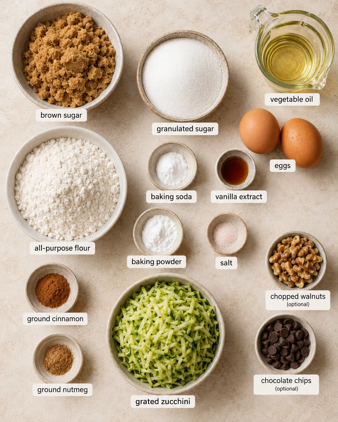 Ingredients for moist old-fashioned zucchini bread including grated zucchini, sugar, eggs, and spices.