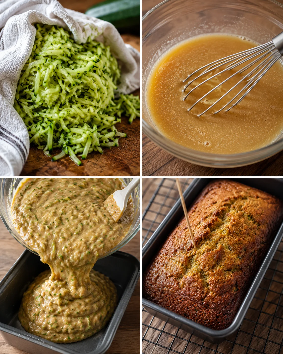 Freshly grated zucchini, mixed batter, baked loaf, and sliced zucchini bread.