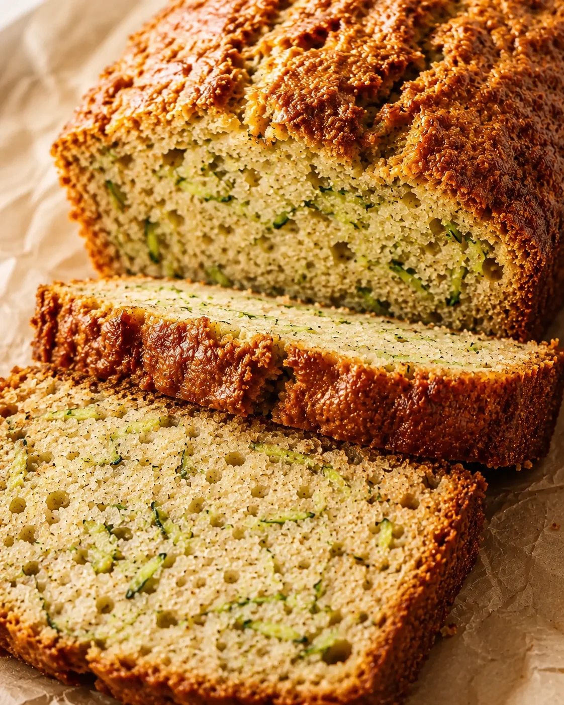 Delicious moist zucchini bread with a golden, crispy crust and hints of spices.