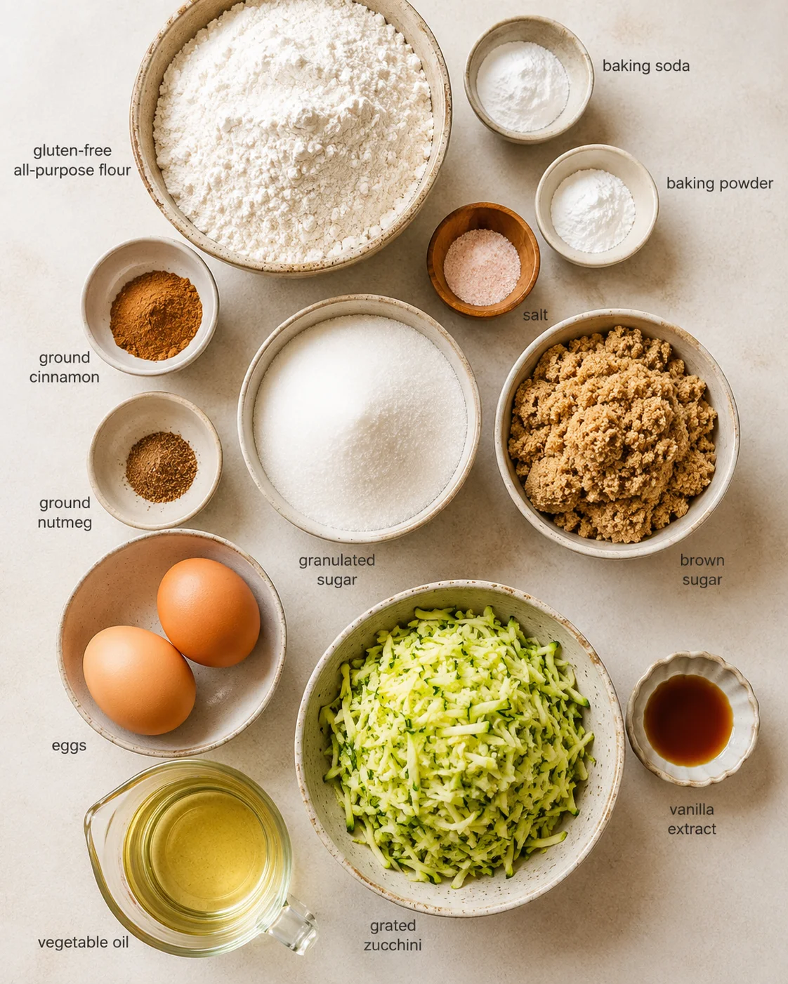 Image showing ingredients for gluten free zucchini bread, including flour, eggs, and spices.