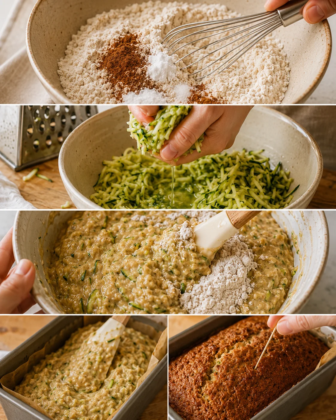 Baking gluten-free zucchini bread with grated zucchini and spices in a mixing bowl.