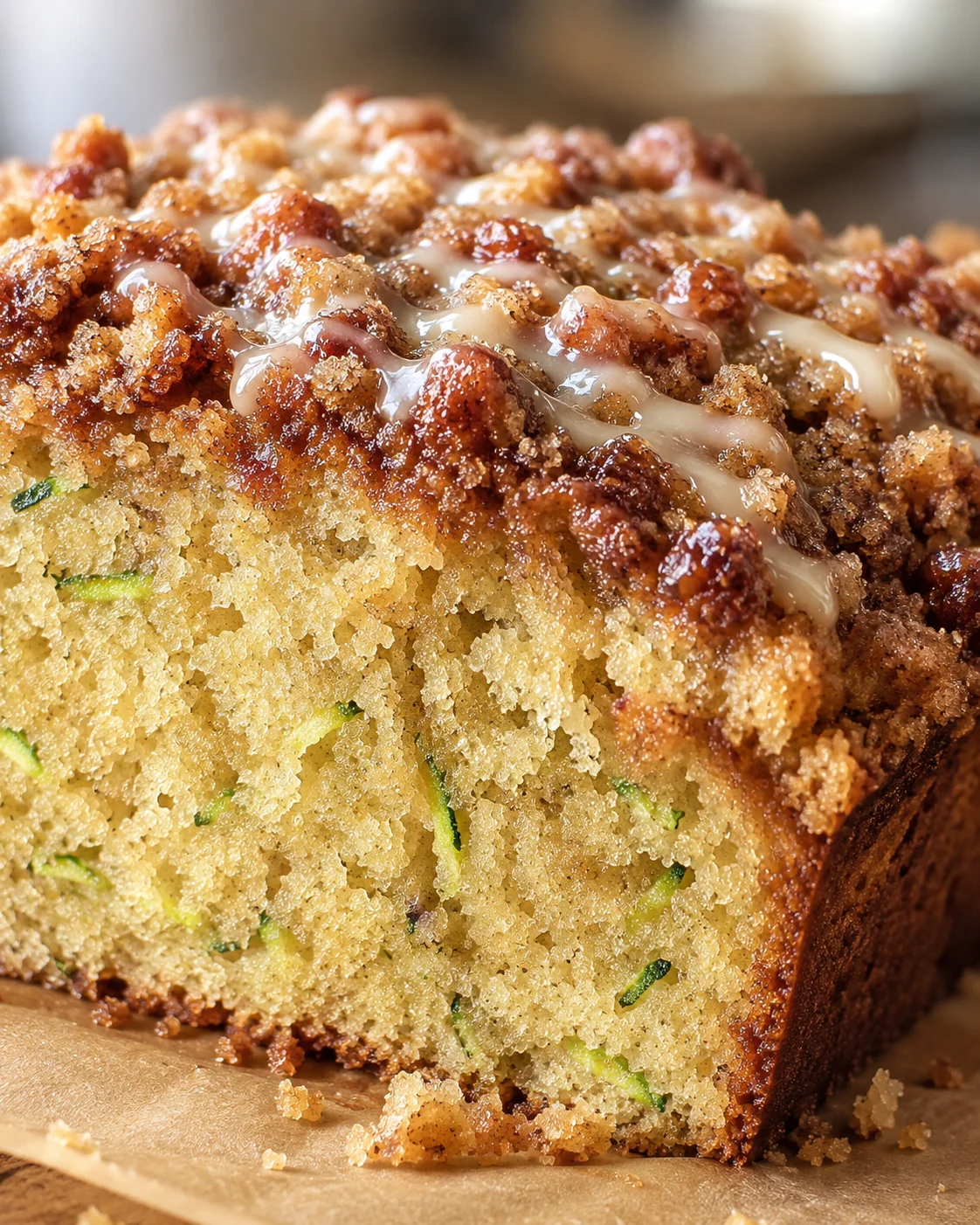 Delicious zucchini bread topped with crunchy cinnamon streusel, freshly baked and inviting
