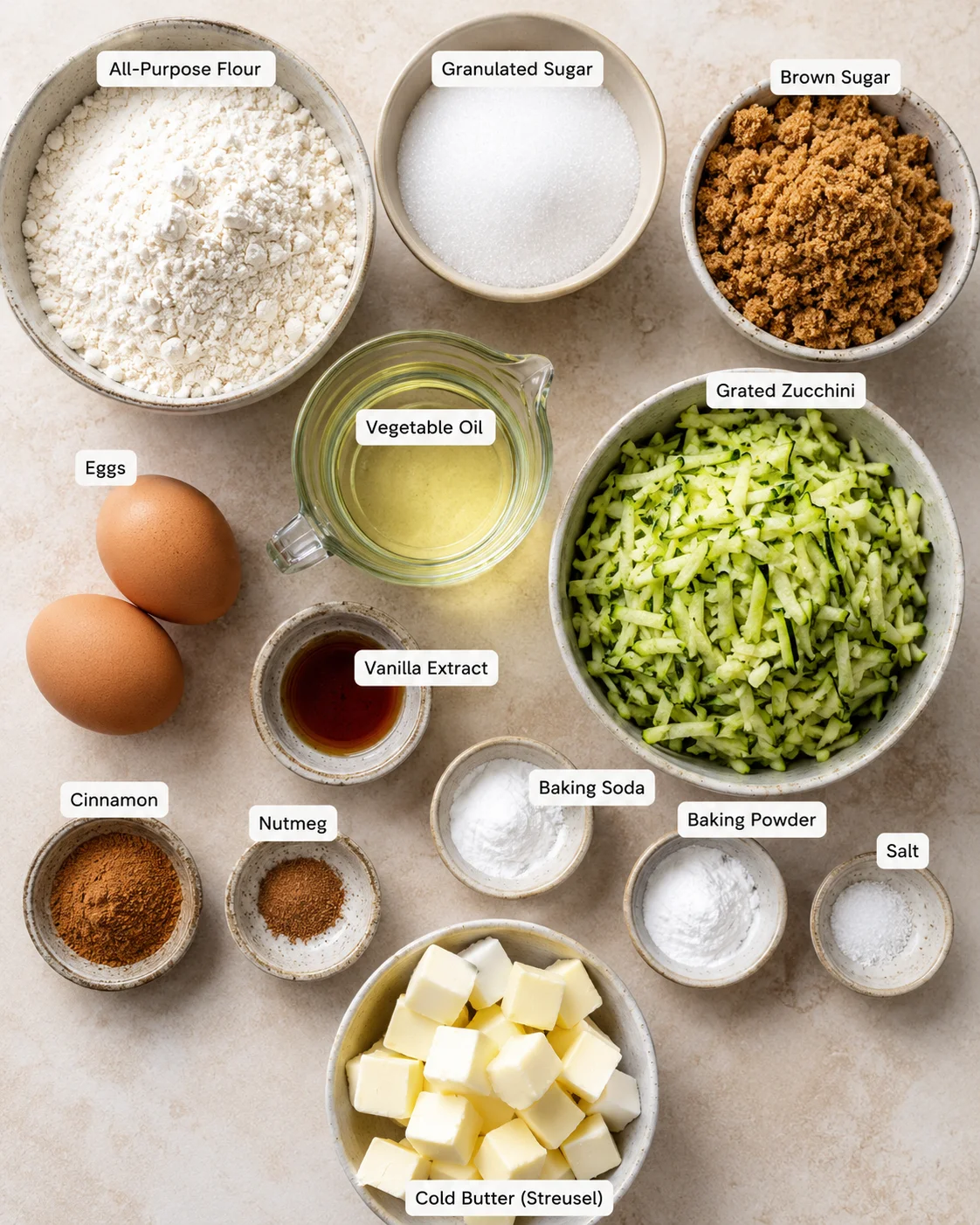 Ingredients for easy zucchini bread including flour, zucchini, sugar, and spices.