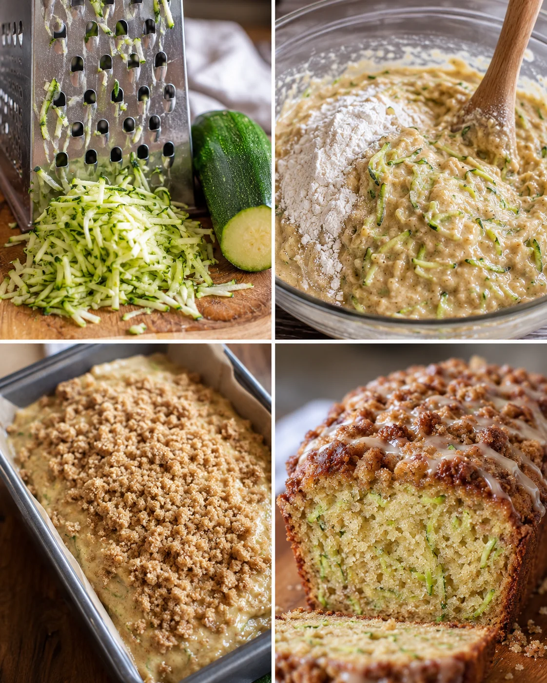 Close-up of freshly baked zucchini bread topped with cinnamon streusel