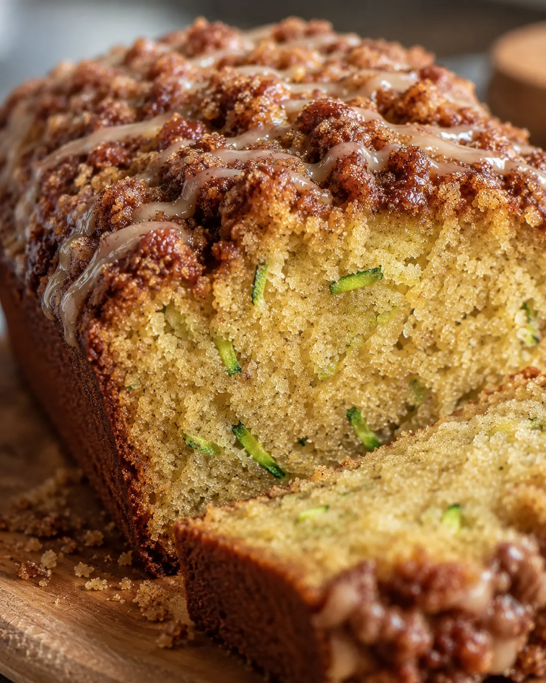 Delicious homemade zucchini bread topped with cinnamon streusel and glaze.