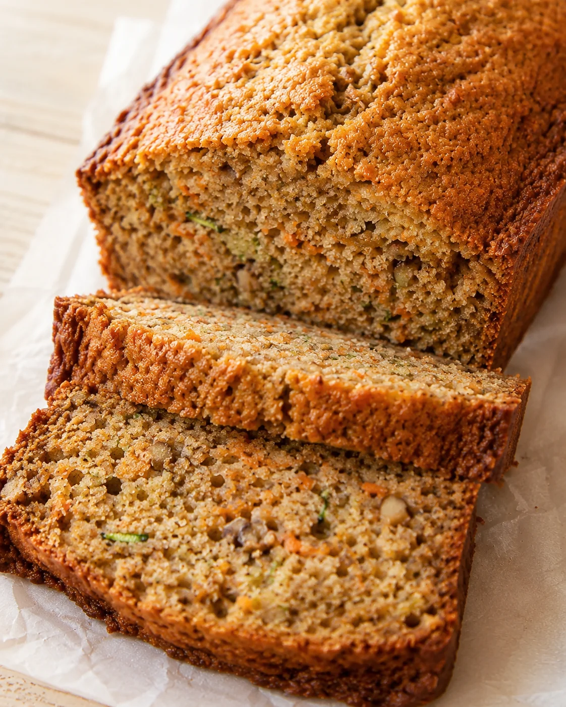 Freshly baked zucchini carrot bread with warm spices on a wooden surface.