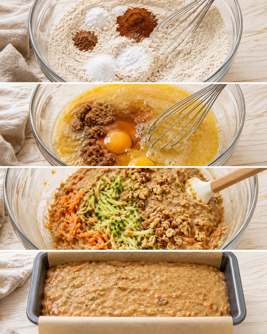 Bowl showing dry ingredients, mixing wet ingredients, veggie batter, and baked loaf of zucchini carrot bread.
