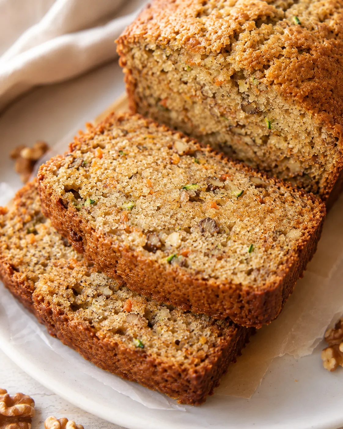 Close-up of sliced moist zucchini and carrot bread, showing its hearty texture.