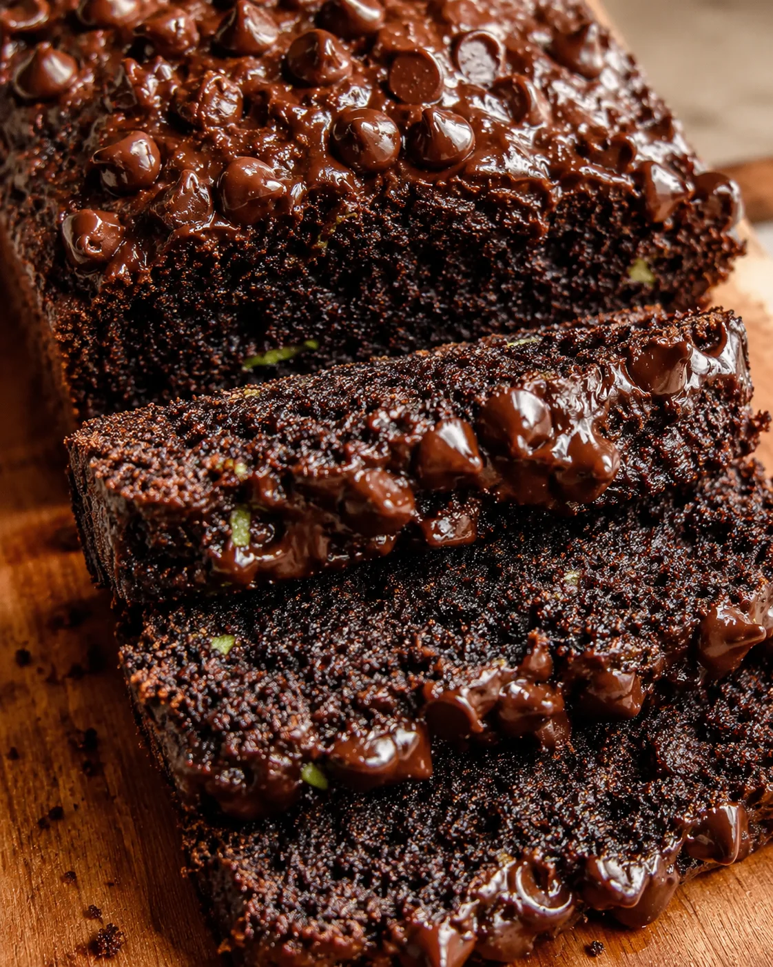 Delicious moist chocolate zucchini bread topped with chocolate chips.