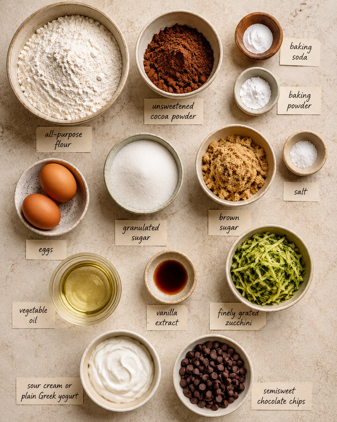 Assorted baking ingredients including flour, cocoa, zucchini, and chocolate chips.