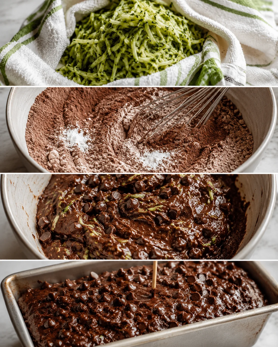Step-by-step images of preparing chocolate chip zucchini bread batter and finishing.