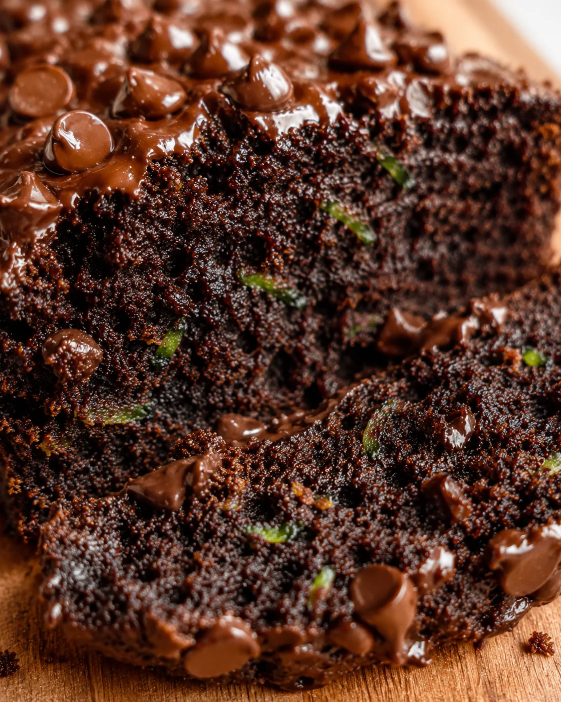 Close-up of moist chocolate zucchini bread topped with chocolate chips.