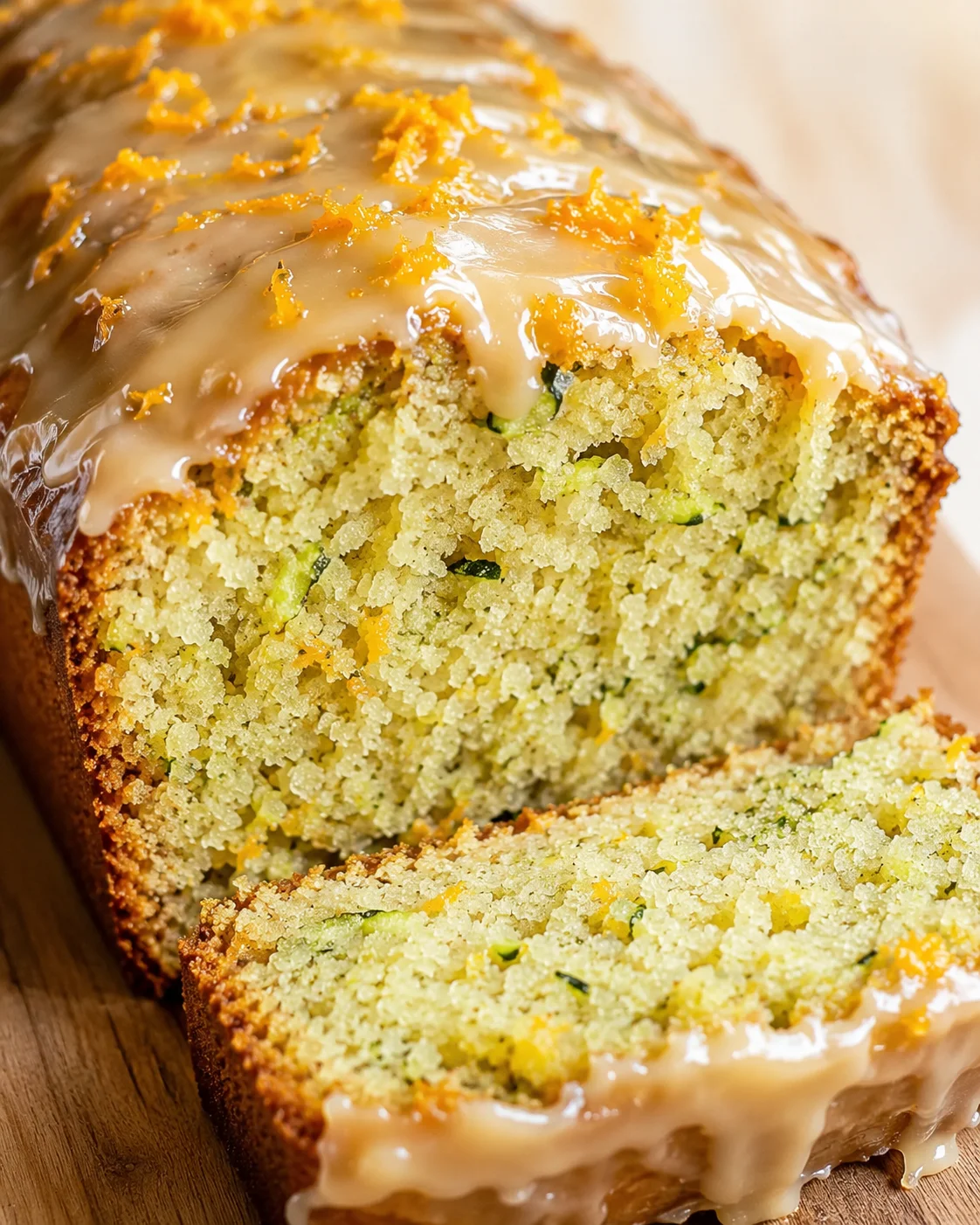Bright Zucchini Orange Bread Moist zucchini orange bread topped with glaze and orange zest curls.