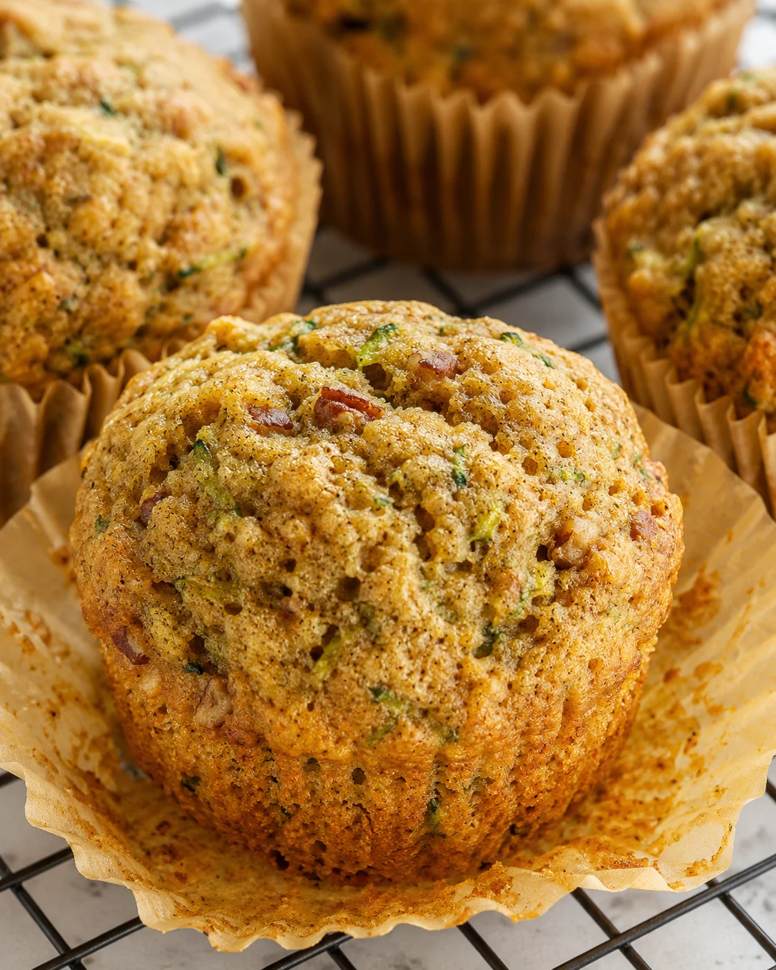 Moist zucchini muffins with chopped pecans and warm spices on a cooling rack