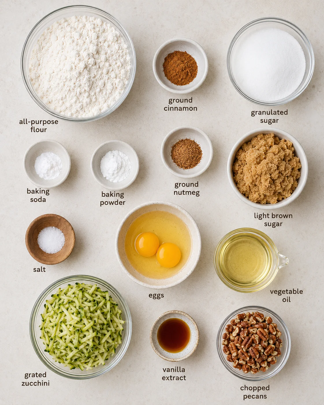 Bowl of grated zucchini, eggs, spices, and sugar for zucchini muffins.