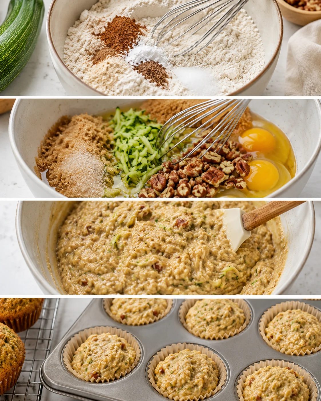 Close-up of batter with shredded zucchini, chopped pecans, and warm spices for muffins.