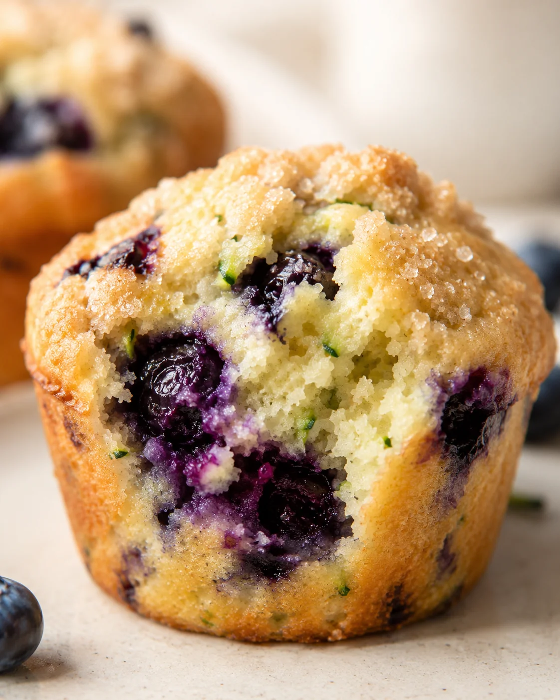 Zucchini Blueberry Muffins Close-up of a moist, freshly baked blueberry muffin with zucchini bits inside.