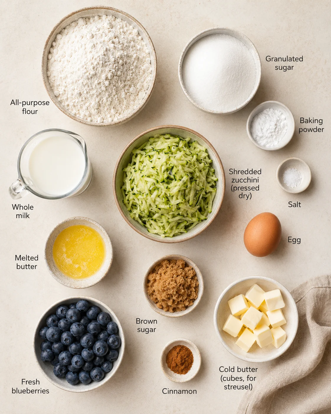 Zucchini Blueberry Muffins Ingredients for moist zucchini blueberry muffins including blueberries, zucchini, flour, and sugar.