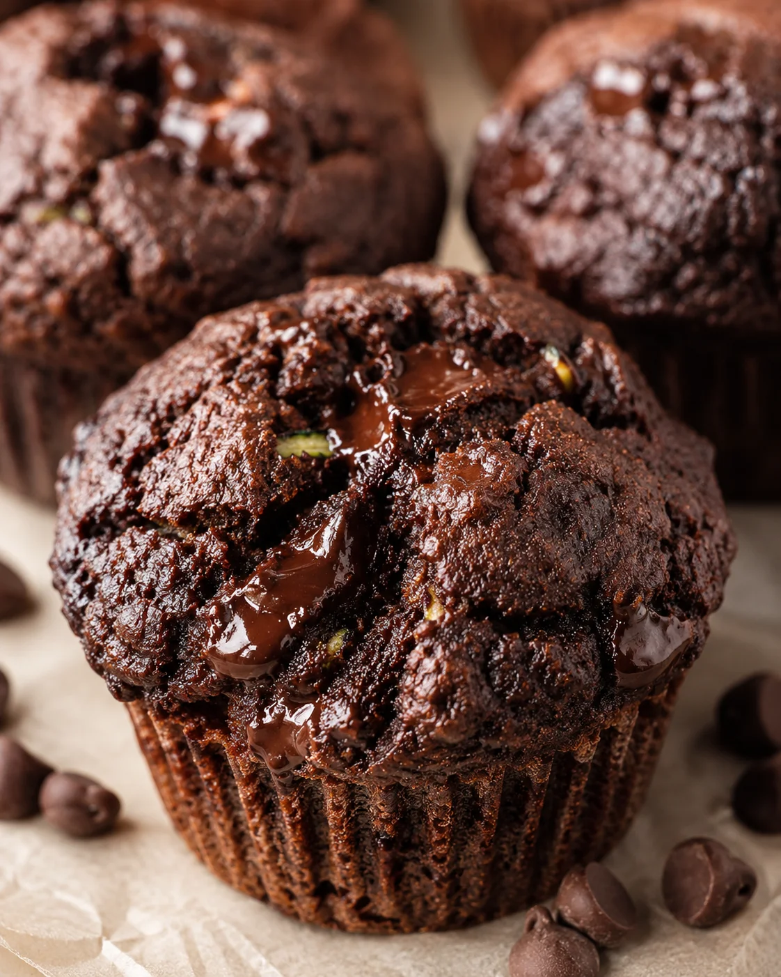 Close-up of moist, chocolatey zucchini muffins with melted chocolate chips on top.