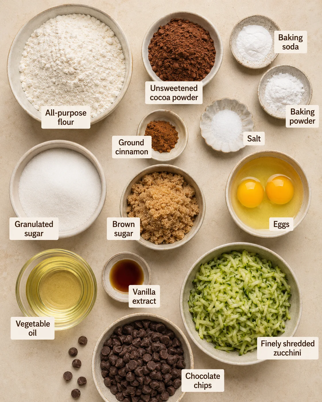 Ingredients for chocolate zucchini muffins including flour, cocoa powder, zucchinis, and chocolate chips.