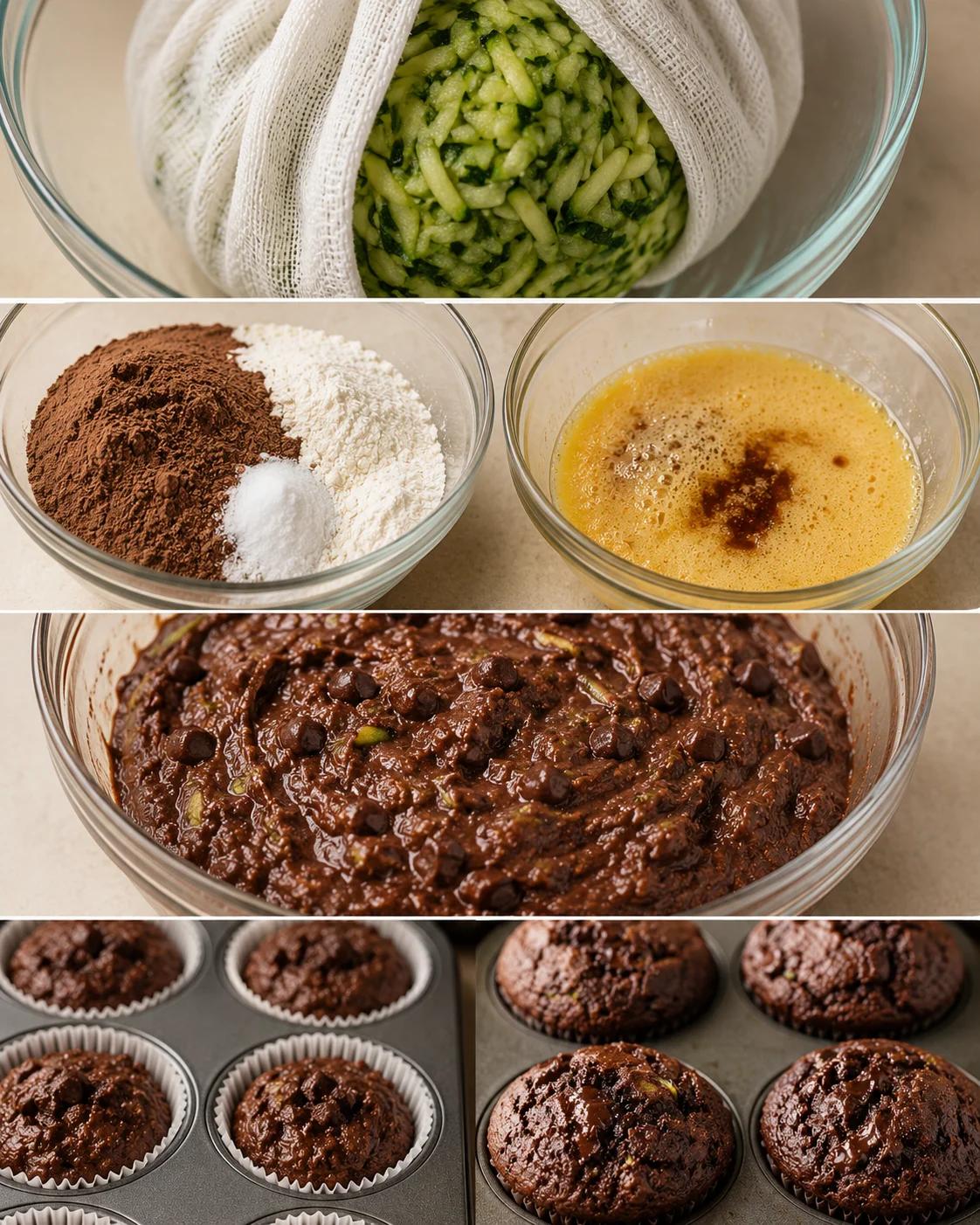 Freshly baked chocolate zucchini muffins with chocolate chips in muffin tin.