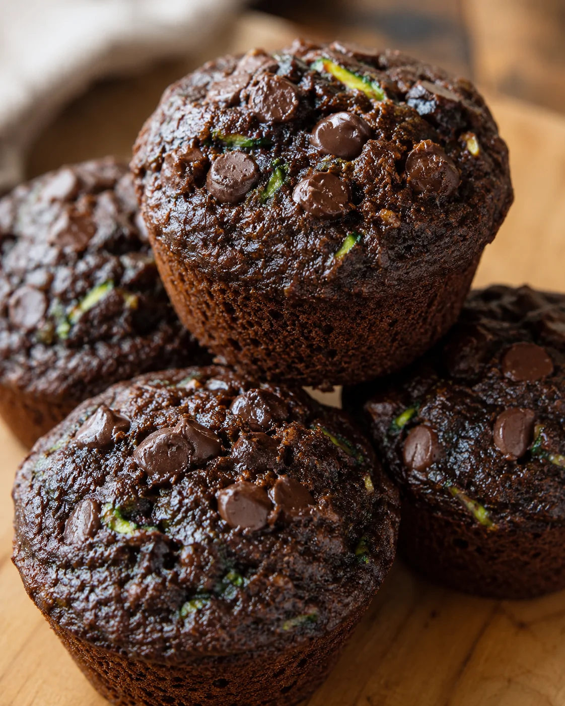 Delicious moist chocolate chip zucchini muffins with extra zucchini chunks and chocolate chips.
