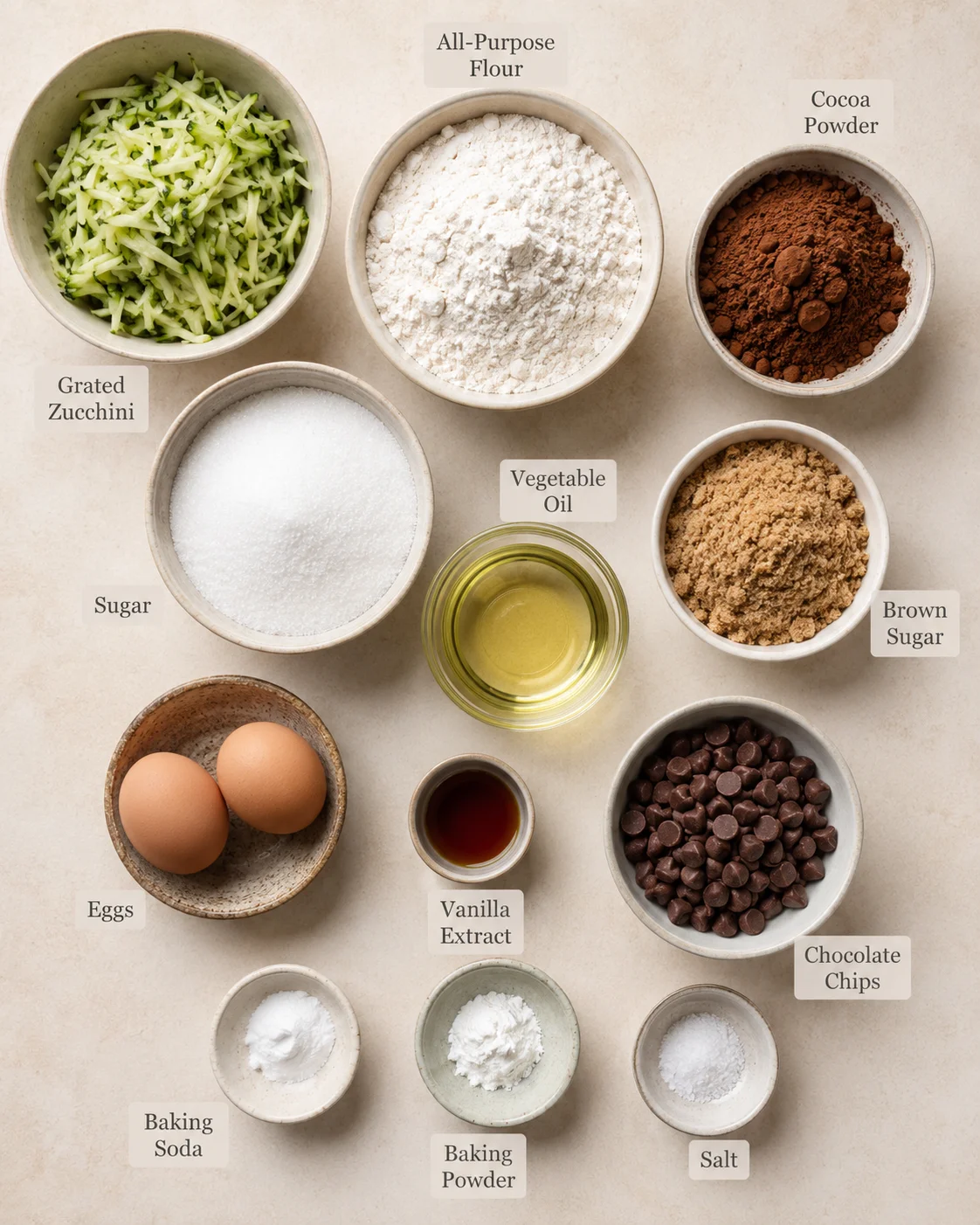 Assorted baking ingredients including zucchini, flour, cocoa powder, and chocolate chips.