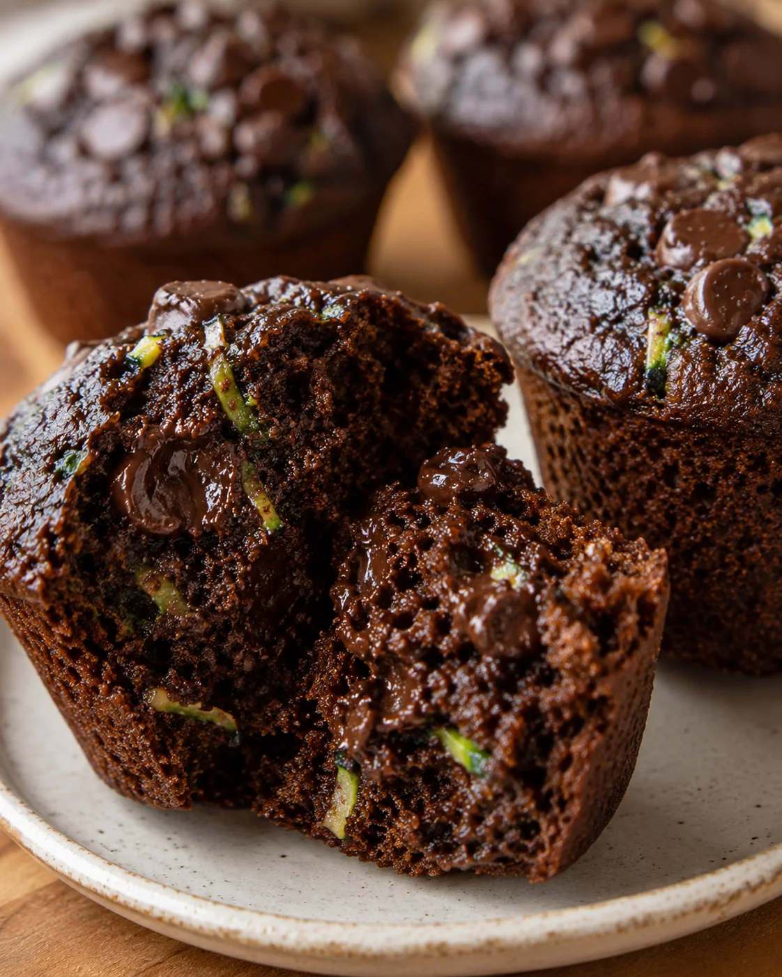 Delicious chocolate chip zucchini muffins with melted chocolate and zucchini bits.